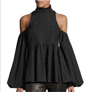Caroline Constas Black multicolor Polka Dot Cold Shoulder bubble sleeve Top S